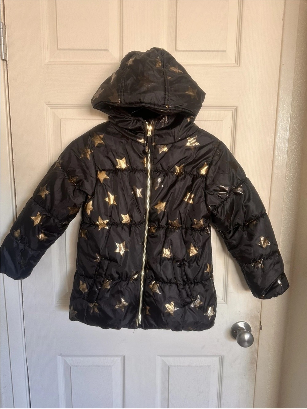 Artic Impact Black Hooded Puffer Jacket with Metallic Gold Stars size 7/8